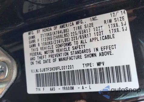 2015 Honda Crosstour Ex from USA, damaged, VIN 5J6TF3H36FL001201